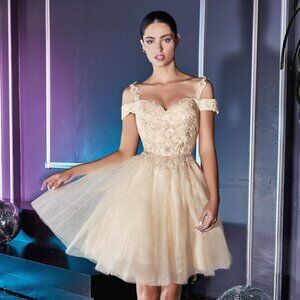 NEW CHAMPAGNE OFF SHOULDER LACE A-LINE DRESS WITH LACED UP BACK & STRAPS CD0132